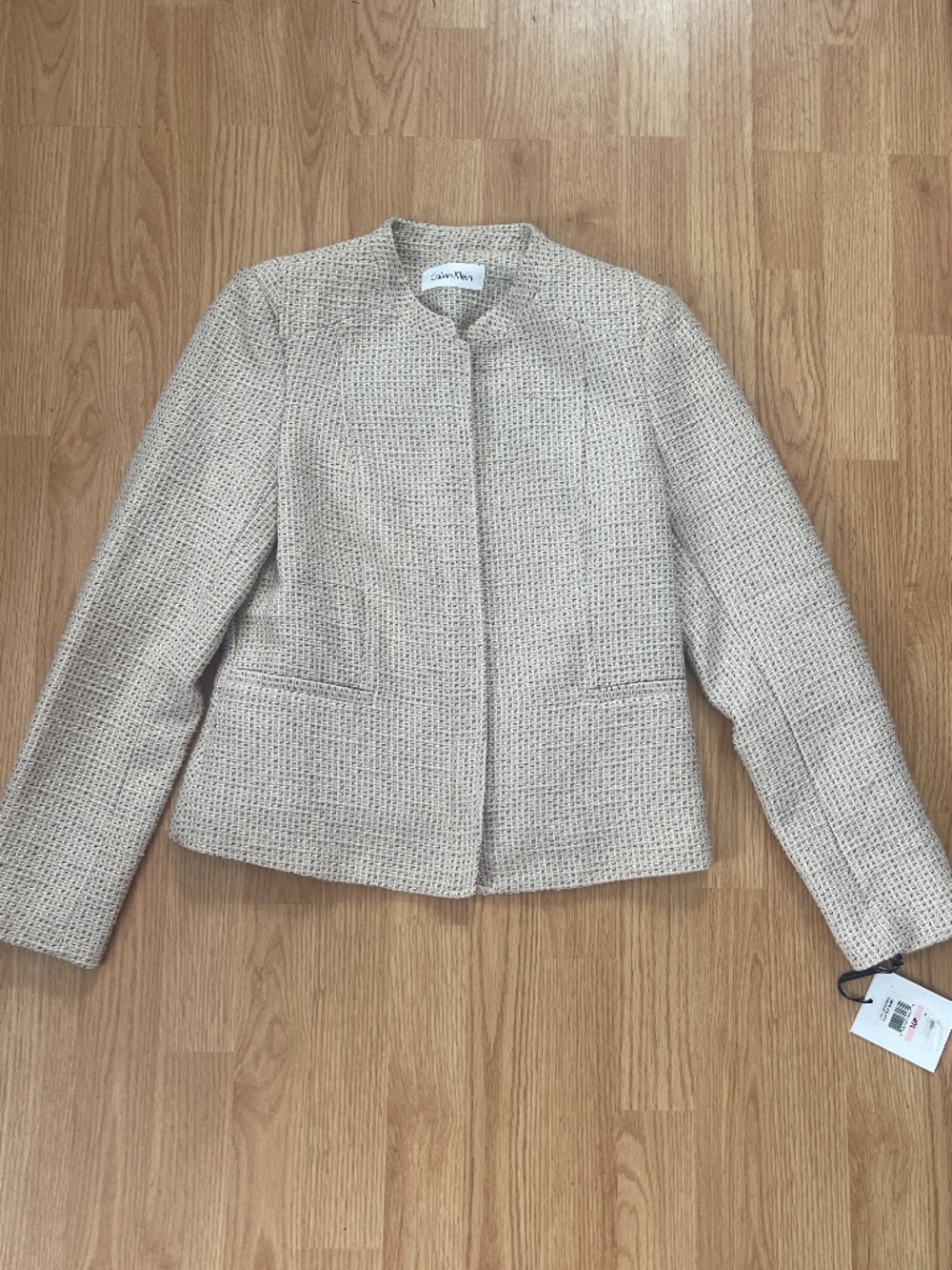 NWT Calvin Klein Cream & Gray Herringbone Zip Up Jacket Size 10 Petite